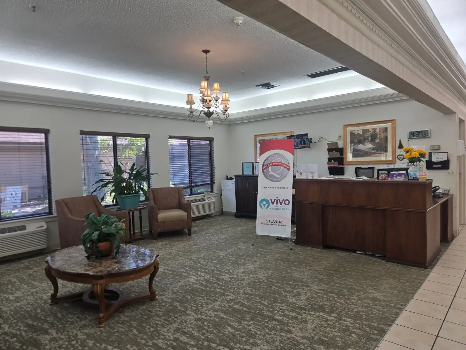 The reception lobby at Vivo Healthcare Orange Park